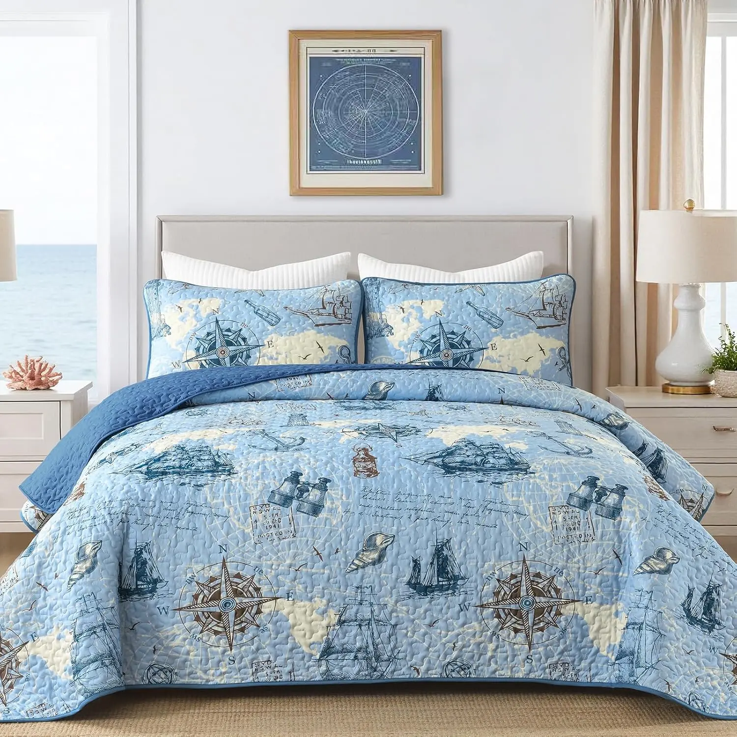 Beach Set Queen Size,3 Piece and Sea Horse Ocean Bedspread Coverlet Set with 2 Pillow Lightweight Soft Microfiber Bedding Set Thin for All (96"x90")