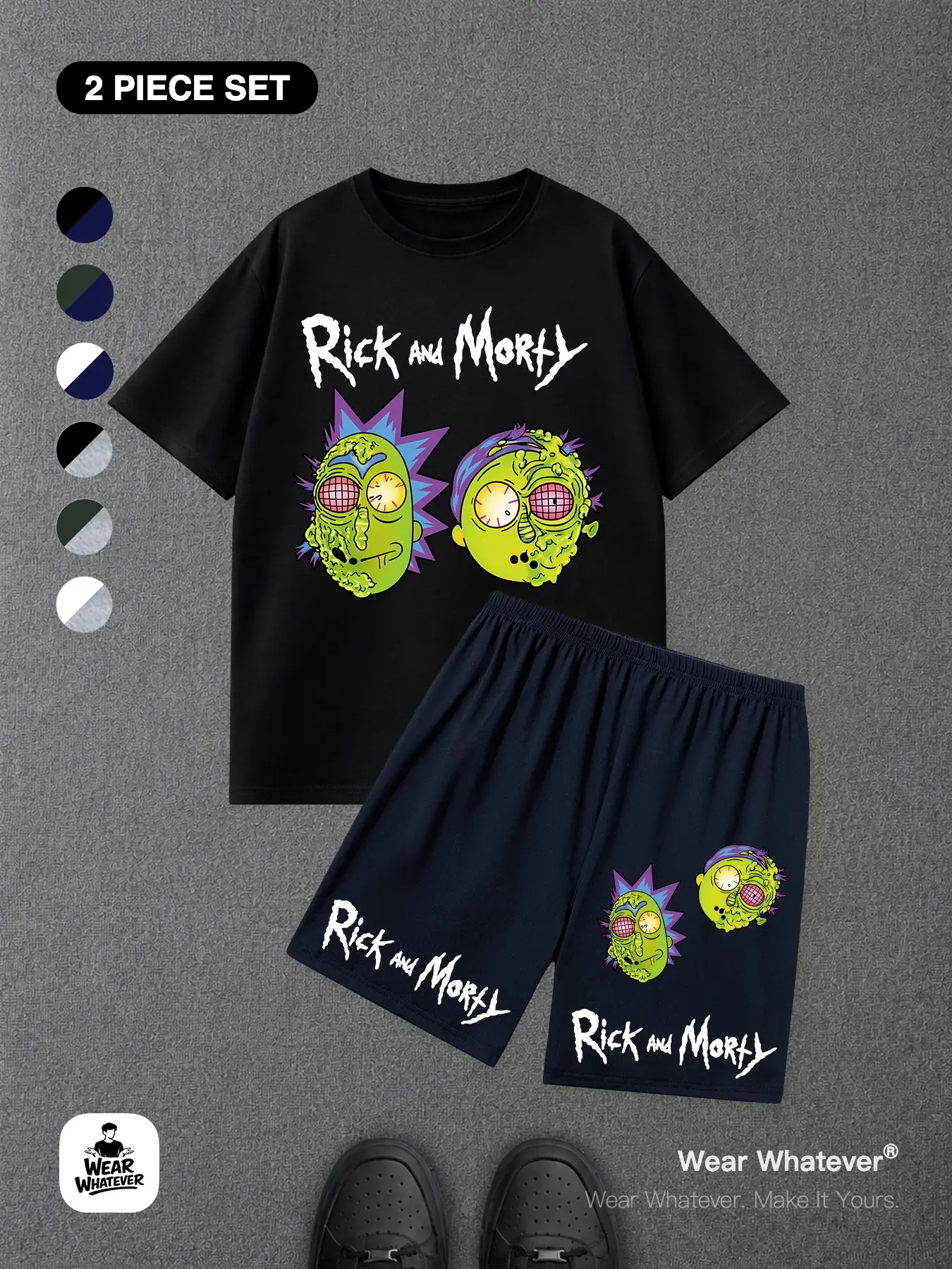 | 2-Piece Set | Wear Whatever Rick and Morty Graphic Comfortable Breathable Short Sleeve Round Neck Tee + Shorts, Casual Loose-Fit for Daily Wear at Home or Outdoors
