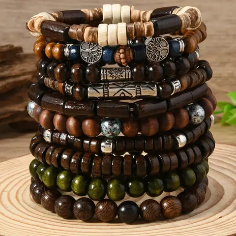 10 Pieces Bohemian Style Wooden Beads Bracelet Set, Beaded Bracelets for Men and Women, Jewelry Set, Unisex Bracelet Set, Bracelets Stack, Bracelet Bundle