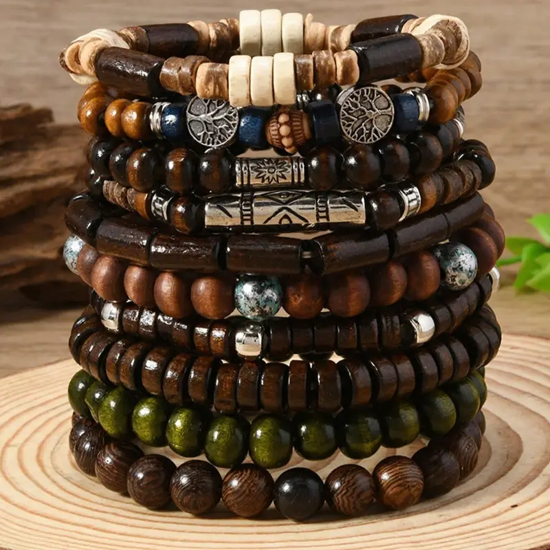 10 Pieces Bohemian Style Wooden Beads Bracelet Set, Beaded Bracelets for Men and Women, Jewelry Set, Unisex Bracelet Set, Bracelets Stack, Bracelet Bundle