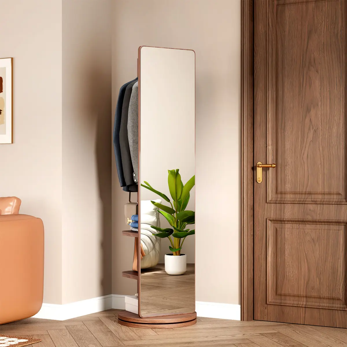 360° Rotating Full Length Mirror with Coat Rack, 69" Solid Wood Floor Mirror with Hooks, Multifunctional Clothing Storage Stand for Bedroom, Living Room & Cloakroom (Walnut)