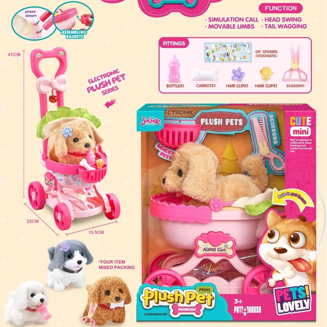 Kids Simulation Electric Pet Stroller Playset, Walking & Barking Stuffed Animals Puppy Cat Rabbit, Interactive Pretend Play Toy, Perfect Birthday Christmas Halloween Gift for Little Girls Age 3+