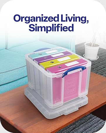 Really Useful Box Stackable 9 Liter Plastic Storage Container Bin with Snap Lid and Built-In Clip Lock Handles for Home & Office Organization (4 Pack)