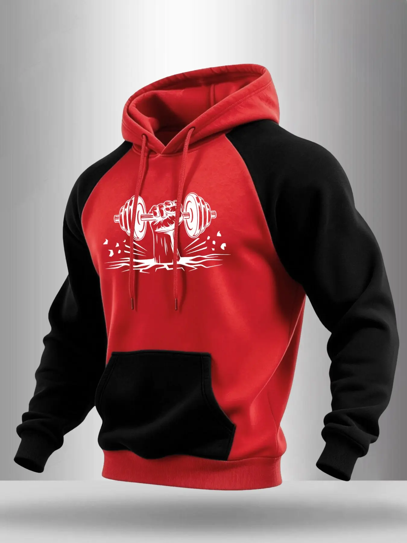 Men Raglan Sleeve Hooded Sweatshirt, Strength Dumbbell Fist Graphic Print, Kangaroo Pocket Drawstring Hoodie, Loose Casual Workout Fitness Long Sleeve Pullover #FitnessHoodie #DumbbellPrintTop #RaglanHoodedPullover