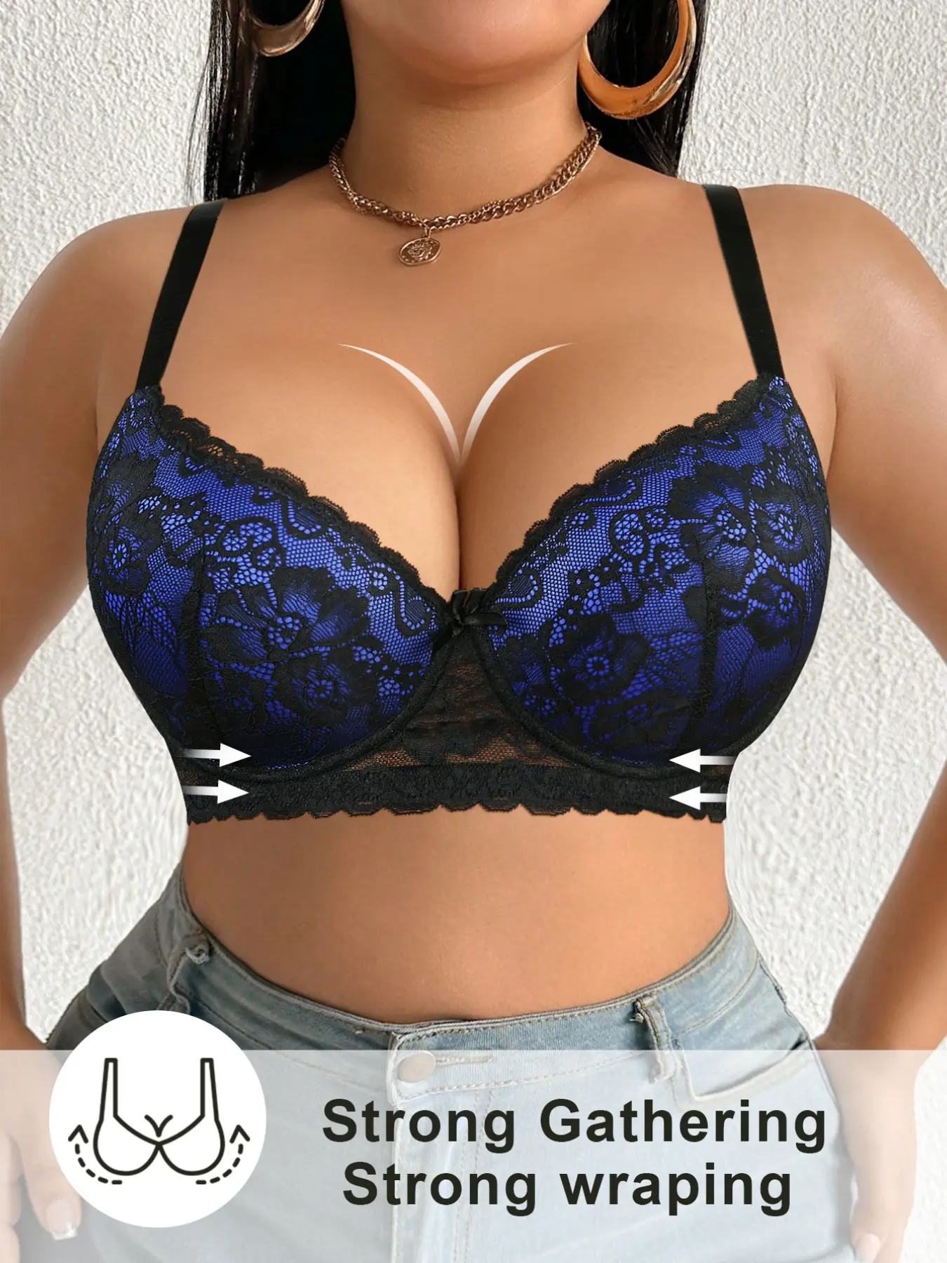Plus Size Lace Push-Up Bra with Underwire, Floral Lace Design, Full Coverage, Elegant Style, Suitable for Daily Wear and Date Nights