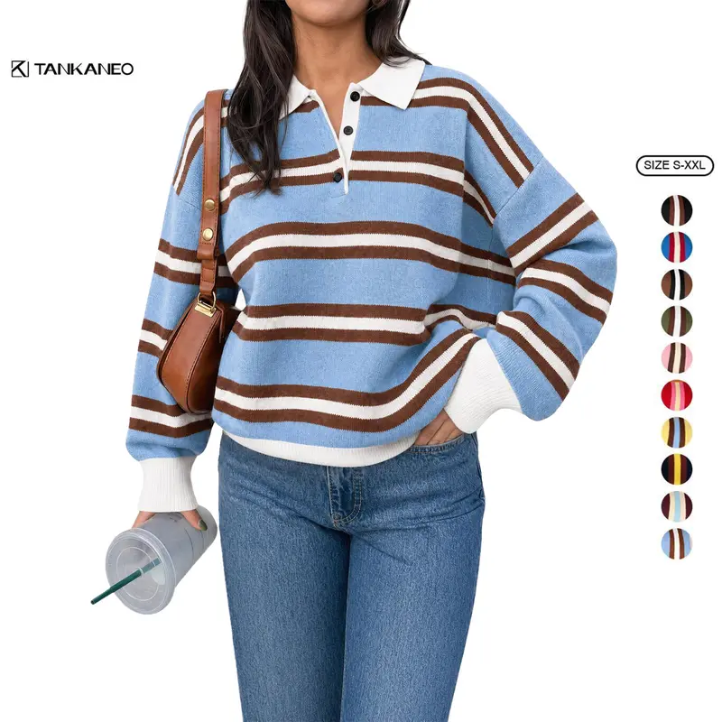 Tankaneo Sweaters for Women Striped Polo Sweater Casual Pullover Knit Tops | Button V Neck, Trendy, Fall Outfits, Winter Clothes