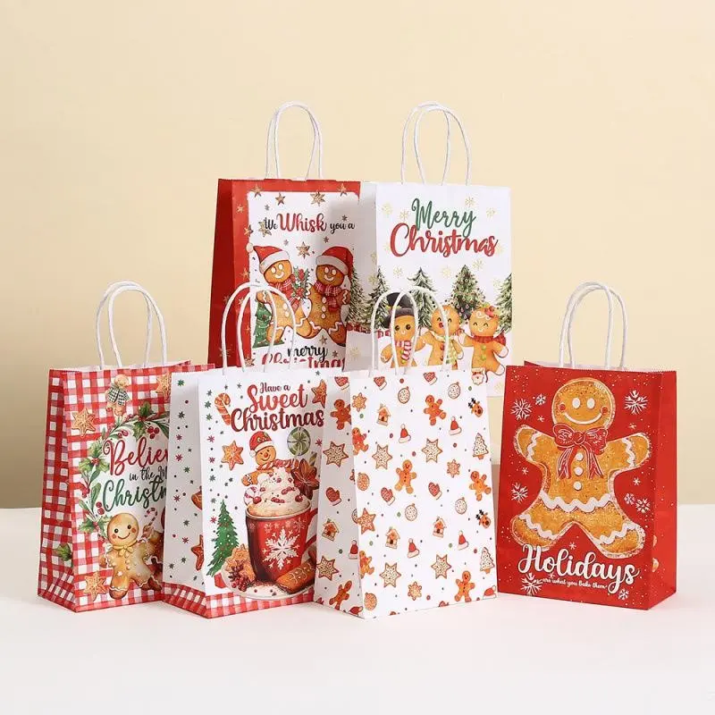 12pcs/24pcs/36pcs Cartoon Gingerbread Man Christmas Gift Bags, Kraft Paper Party Favor Pouches, Ideal for Shopping and Gifting