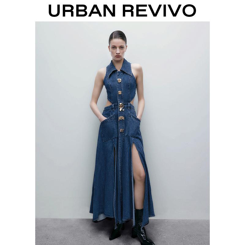 URBAN REVIVO Women's Casual Denim Dresses  Fashion Lapel Sleeveless Cut-Out Sides Slit with Big Pockets UWG850170