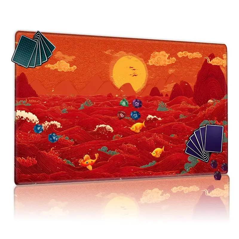 Vibrant Red Landscape Sun & Ocean MTG Playmat - 12x24in Non-Slip, Ideal for TCG Card Games, Family Gatherings & Gift