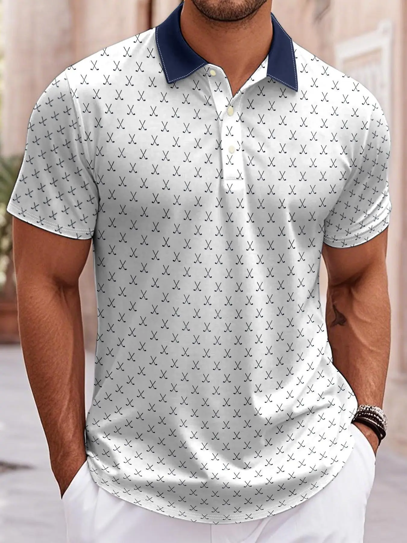 Spring & Fall Golf Theme All-Over Print Casual Sports Polo Shirt, Base with Golf Club Pattern, Navy Collar, Three-Buckle Breathable Short Sleeve Top, Casual Sporty Top, Daily Wear Sportswear