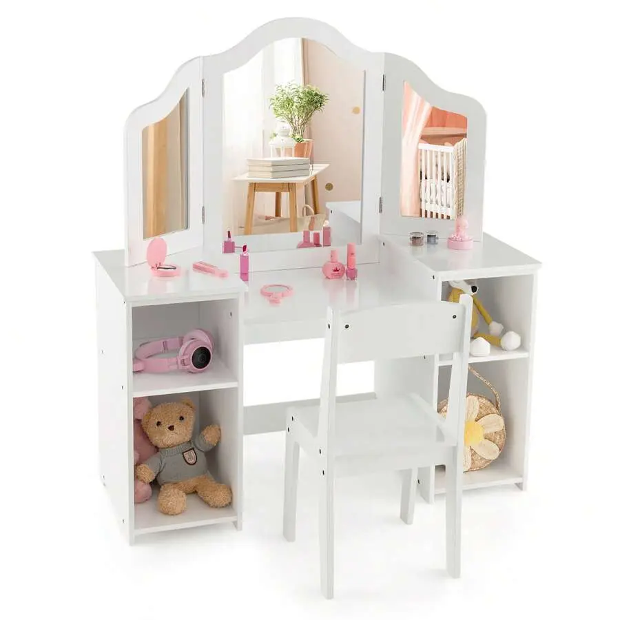 Kids Vanity 2 In 1 Princess Makeup Desk & Chair Set Safe Tri-Fold Mirror,,bedroom,table,,jewelry,cabinet,,light,,dresser,,,white
