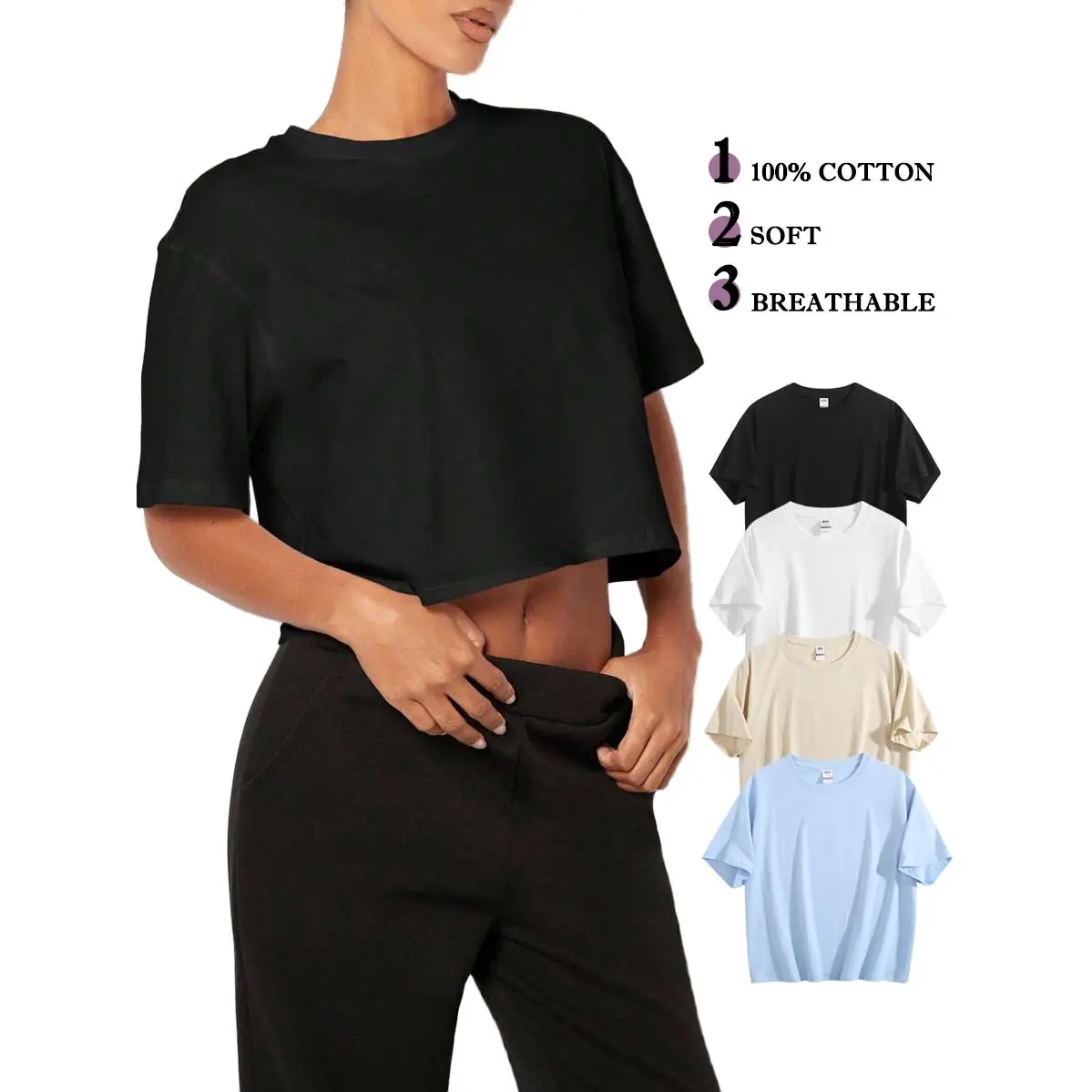 ECHOSTUDIAO 4 Pack Breathable 100% Cotton Crop Top Women Casual Soft Short Sleeve Cropped T-Shirt Set Crewneck Basic Blank Tee Multi Color Bundle Deal Clothing