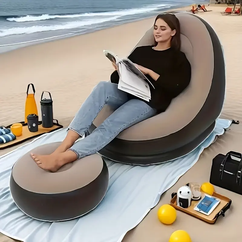 Adult Inflatable Recliner Sofa with Foot Stool - Heavy-Duty Portable Folding Air Couch, Space-Saving Indoor/Outdoor Lounge Chair 2pcs Outdoor Inflatable Sofa Set with Plush Fabric Lounge Chair & Footstool - Portable Inflatable Pump Included
