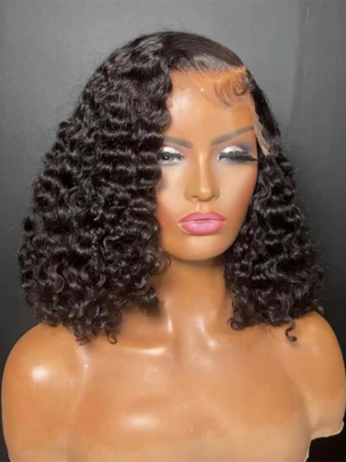 Soft 16-Inch Bob Wavy Curl Deep Part Lace Front Synthetic Fiber Wig, No Glue Pre-Attached Heat Resistant Daily Wear