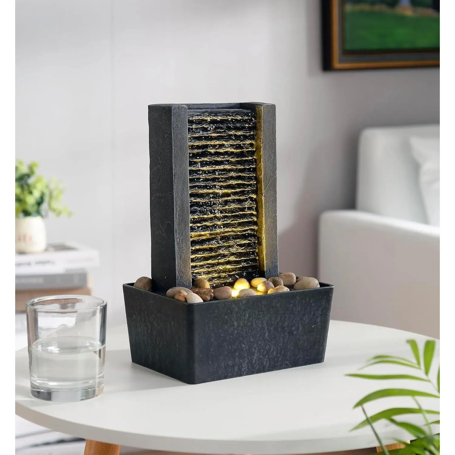 Modern Tabletop Water Fountain, Minimalist Indoor Waterfall with Warm LED Light & River Rocks,  Zen Desk Fountain for Office, Bedroom, , Relaxation Desk Decor
