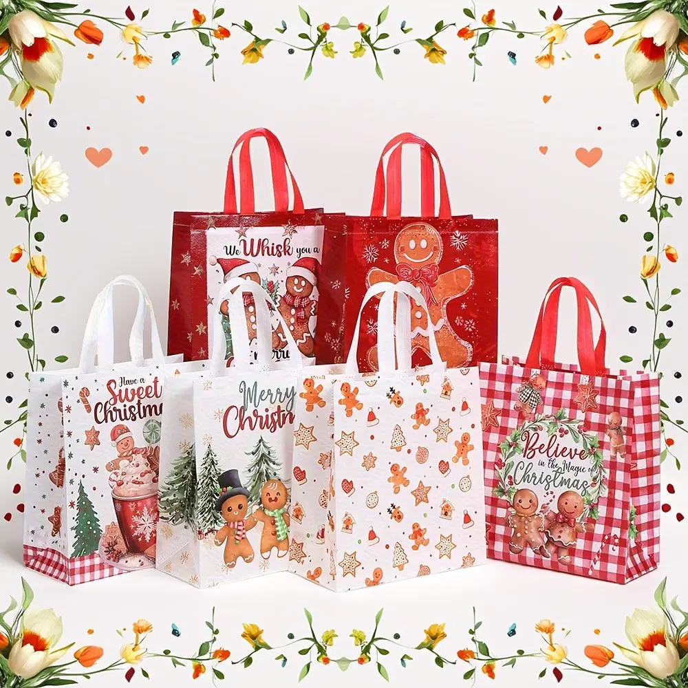 12pcs/24pcs Christmas Gingerbread Man Print Non-Woven Foldable Tote Bags, Perfect for Parties, Gifts, Jewelry Storage, Anniversary Celebrations