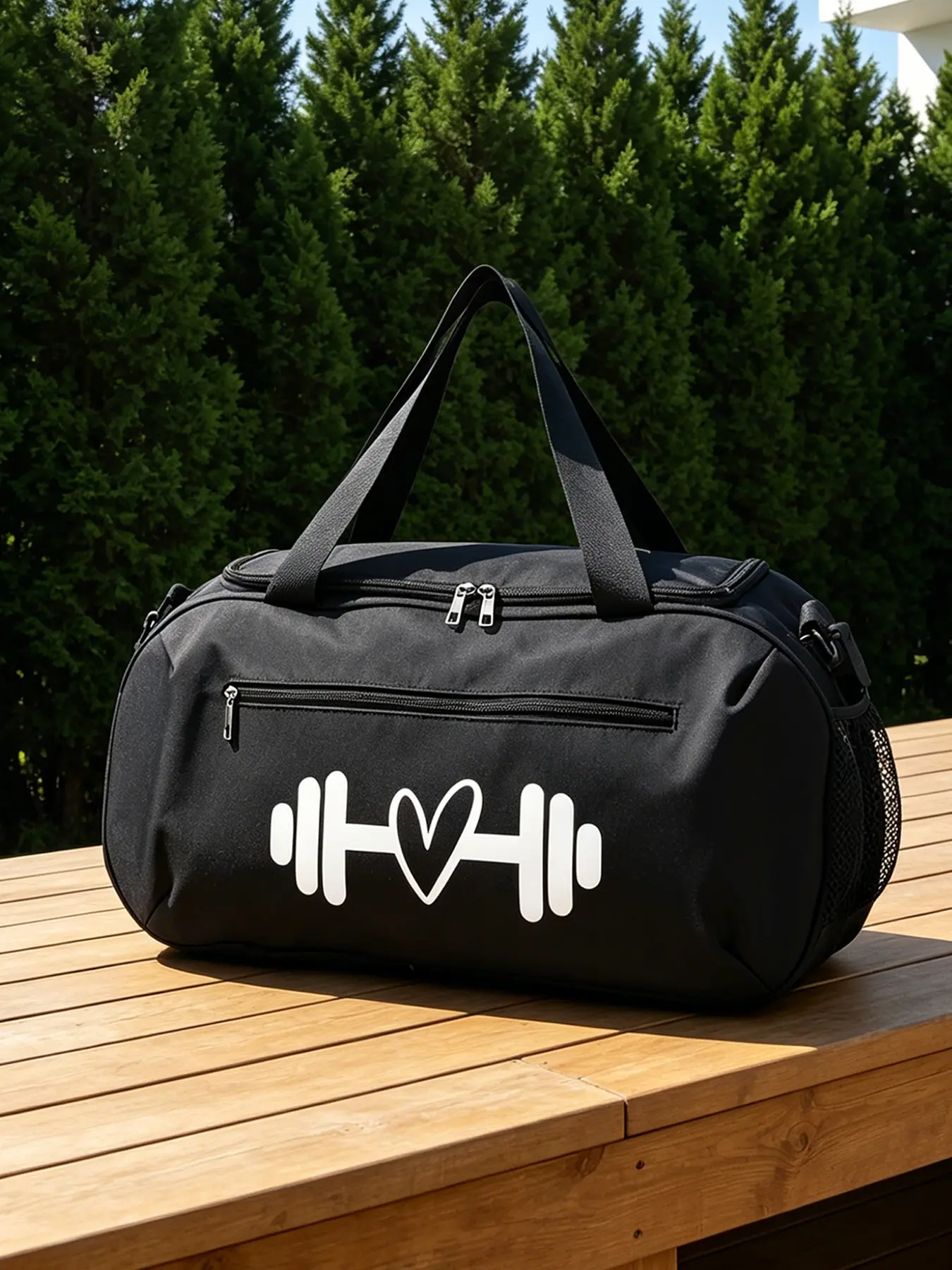 Heart Dumbbell Print Large Capacity Gym Bag, Casual Nylon Travel Bag, Lightweight Multi-Functional Fitness Luggage, Ideal for Sports & Short Trips
