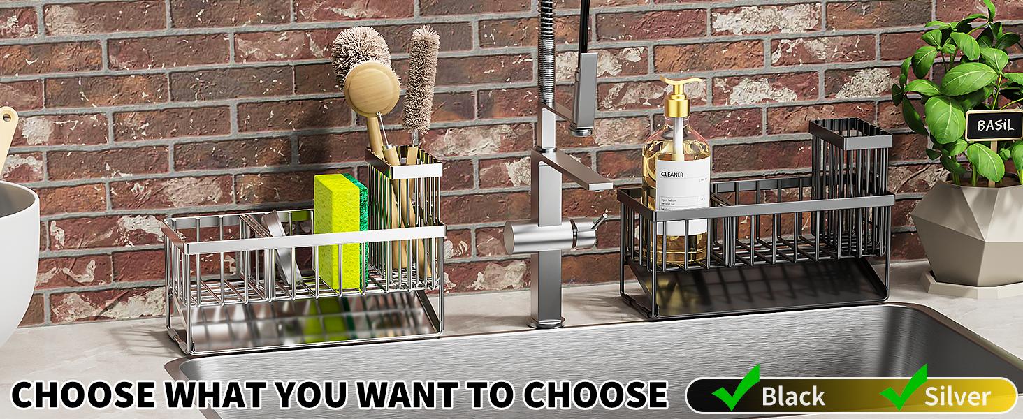 Sink Caddy Sponge Holder for Kitchen with Brush Holder and Stainless Steel Self Drain Tray, Rustproof Kitchen Sink Organizer for Sponge, Soap Dispenser Storage Accessories