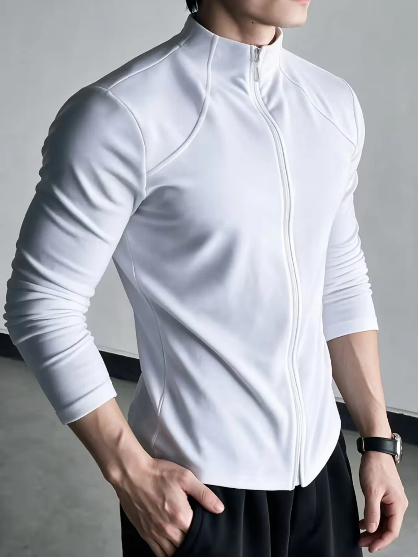 Men's European Style Fitness Jacket, Athletic Workout Jacket, Stand Collar, Full Zipper, High Elasticity, Quick-Dry, Breathable, Ideal for Gym Training