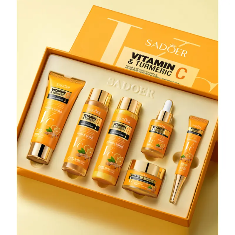 Turmeric VC Brightening 6Pcs Skin Care Set Hydrating Moisturizing Nourishing Antioxidant Facial Kit Daily Skin Care Moisturizer Glowing Skin Set