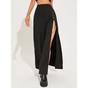 18ACTIVEKITWomen's lace up slit thigh skirt, fashionable punk style high waisted long skirt, suitable for party club dates, Valentine's Day four seasons women's underwear, gifts, women's clothing