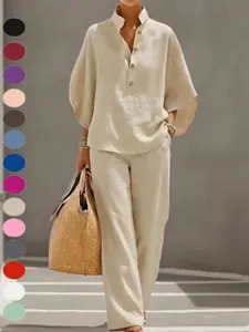 Women's Cotton Linen Set, V-Neck Button Front Top, Long Sleeve, Pocket Design, Straight Leg Pants, Casual Style, Cross-Border Fashion