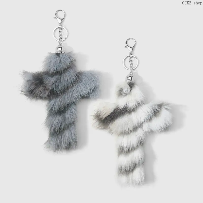 Faux Fur Cross Bag Charm, Fluffy Plush Cross Keychain, Y2K Gothic Soft Furry Pendant for Backpack Handbag Accessories