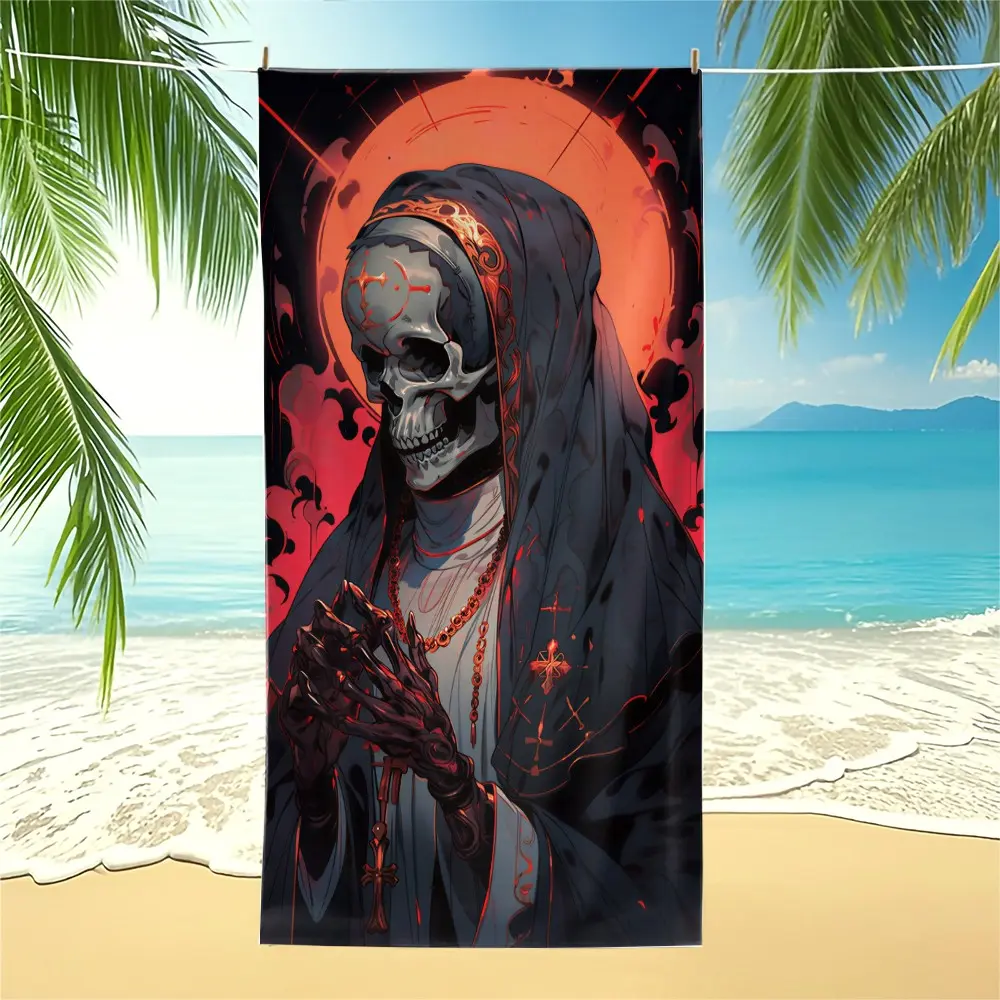 Gothic Nun Skull Print Beach Towel, Soft Skin-Friendly Microfiber, Quick Dry, Sand Resistant & High Water Absorption, Lint-Free, Washable & Fade Resistant, Essential Accessory for Summer Beach Pool Vacations, Unique Spooky Halloween Themed Gift