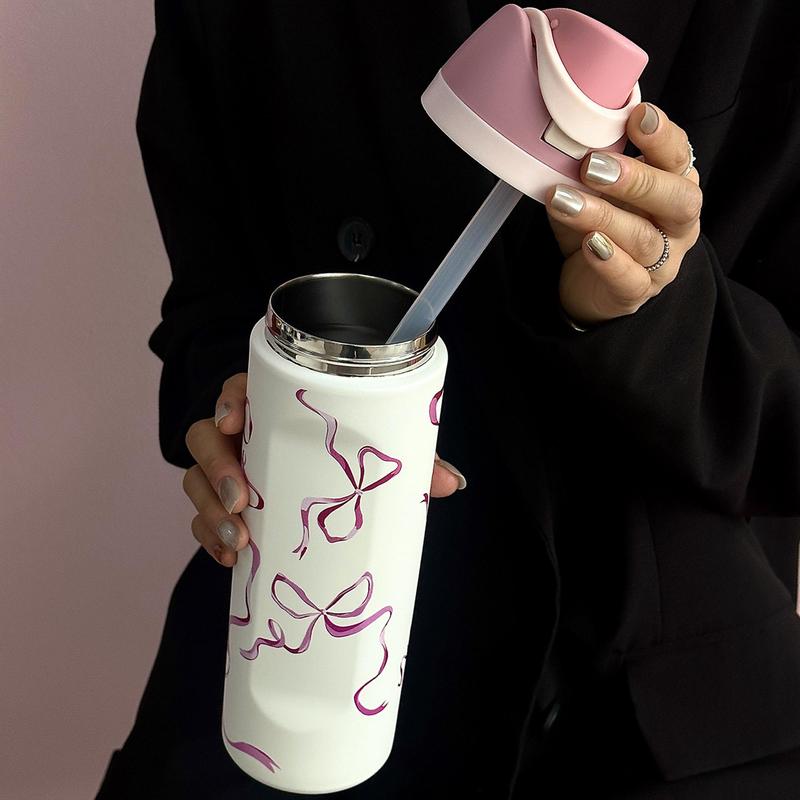 Butterfly Pattern Vacuum Flask, 1 Count 24oz-32oz-40oz Large Capacity Insulated Water Bottle with Straw, Drinking Cup for Home Office School, Leakproof Insulated Tumbler, Drinkware