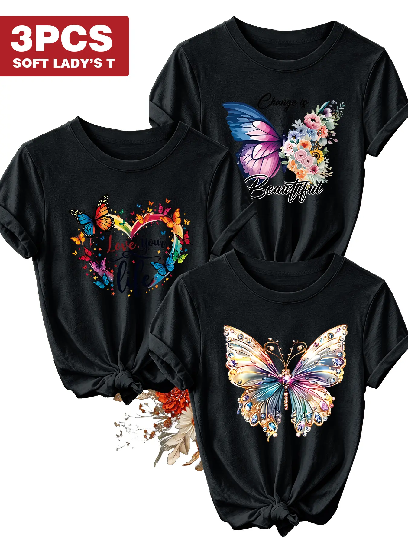 3Pcs Women Crew Tee, Boho Fit Casual, Colorful Butterfly Floral Quote Print, multi-color, washable, soft spring summer top