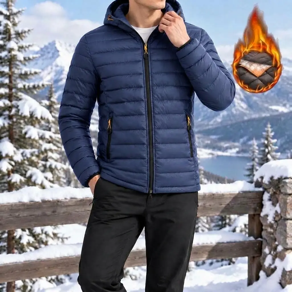 Yodutry Men's Packable Lightweight Winter Puffer Jacket - Hooded, Water-Resistant, Warm Tops with Pockets, Zippered Sleeves for Outdoor Casual Outerwear