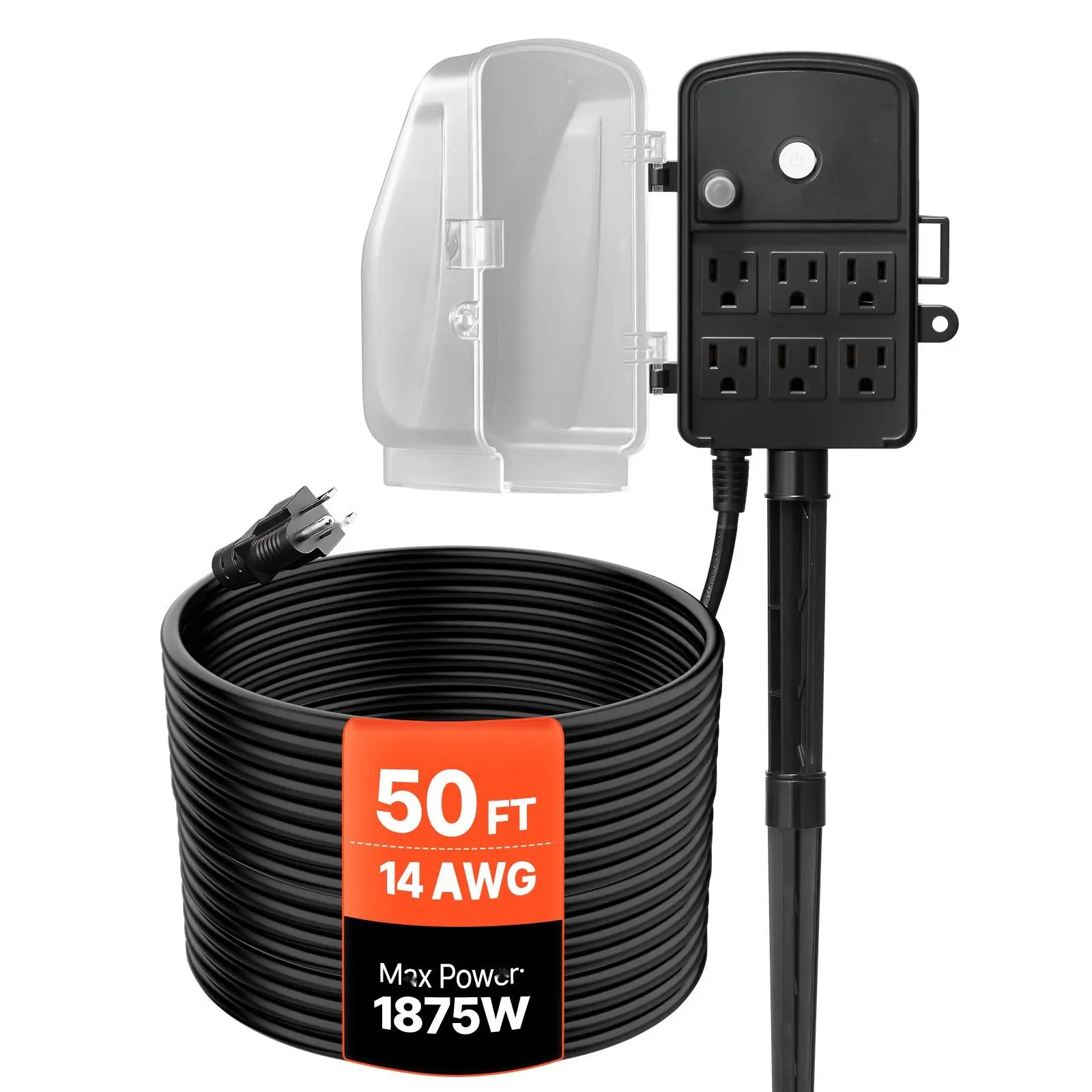 Outdoor Weatherproof Power Stake, 50ft Covered Cable, 6-Outlet Plug Strip with 15A/1875W Overload Protection - Electronics Accessories for Devices, Christmas Lighting, Yard Needs (with Mount, Handle)