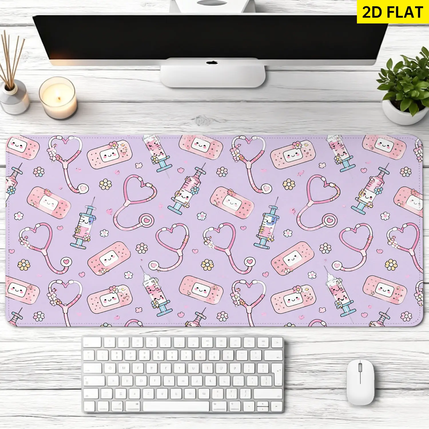Extra Large Cute Nurse Stethoscope Syringe Pattern Mouse Pad, Non Slip Rubber Pad, Desktop Decoration Drotection Pad, Washable, Lock Edge Multi Size, Premium Multipurpose Mousepad For Home, Office, Gift for Family and Friends