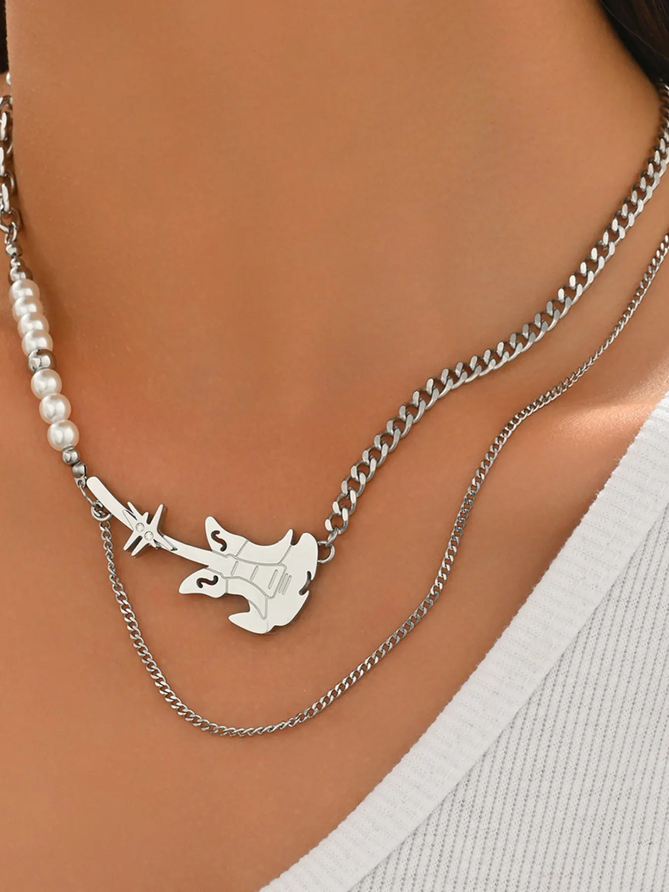 New American Style Guitar Patch Necklace, Sweet Cool Double Layered Titanium Steel Collar Chain, Hip Hop Fashion Accessory