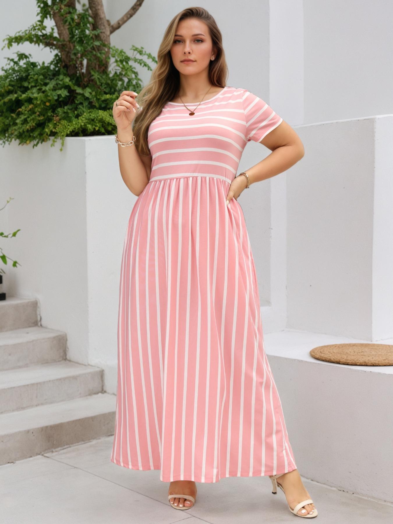 Women's Round Neck Stretchy Casual Long Plus Size Dress, Perfect for Bridesmaids, Vintage Style Wedding & Party Wear, Comfortable Fabric