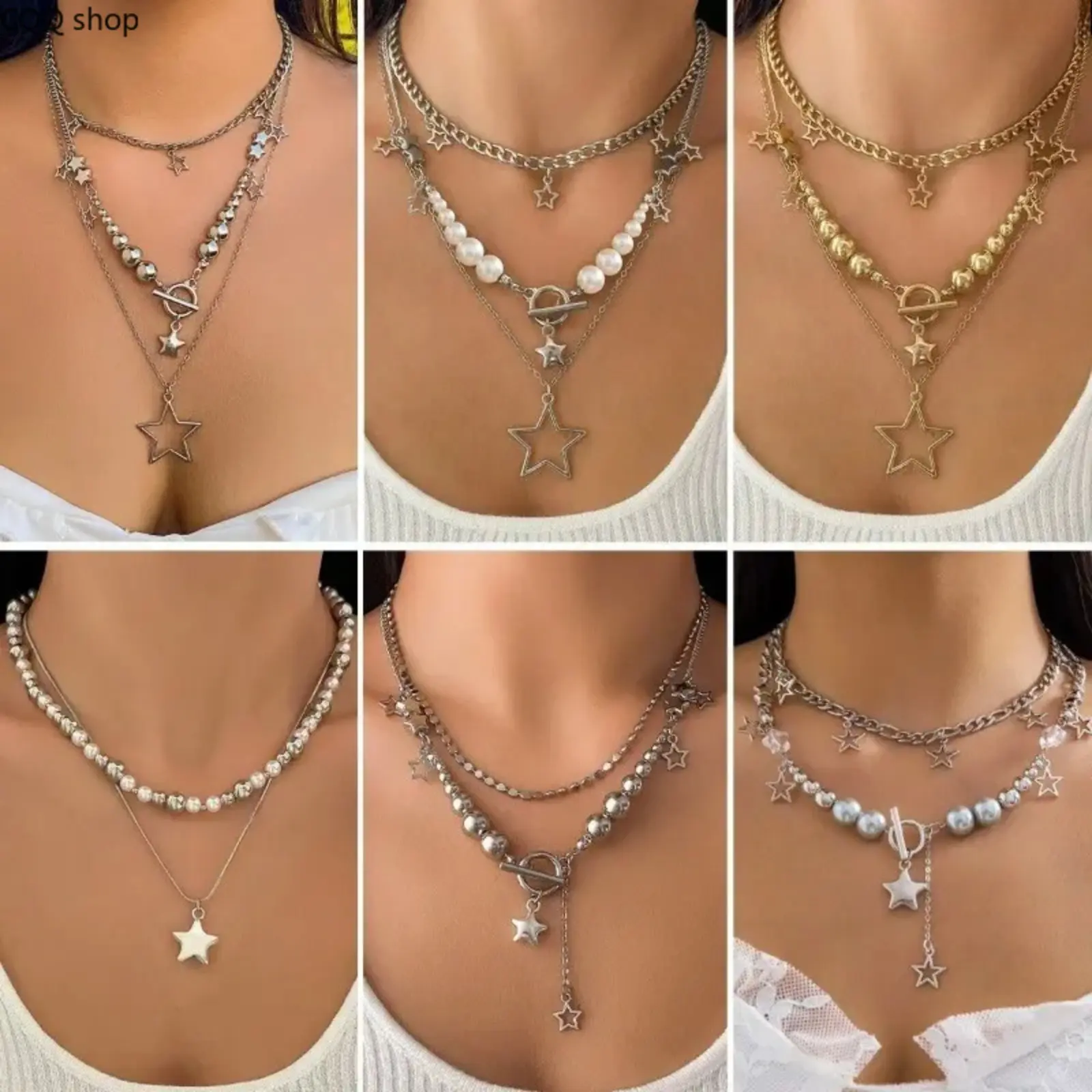 Hip Hop Star Pendant Multi-piece Necklace Set, edgy spicy girl style constructed with round ball bead metal link chain, trendy streetwear neck jewelry for everyday casual looks, live concerts and nightclub party outfit matching