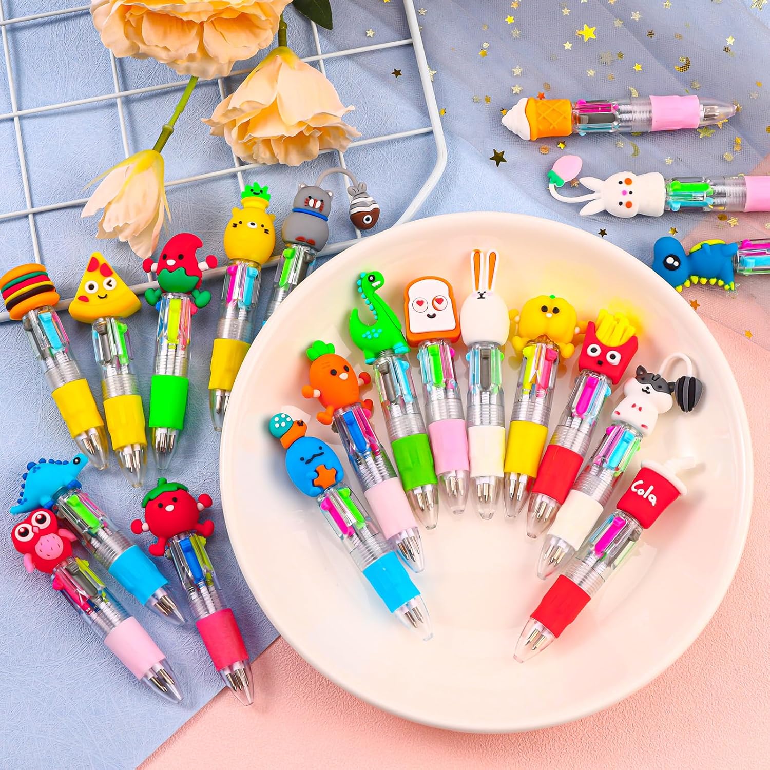 20 Mini Cartoon Multicolor Pens, 4-In-1 Cute Ballpoint Pens, Fun Kawaii Pencils, Kids' Christmas Party Birthday Gifts, Funny Teacher Pens