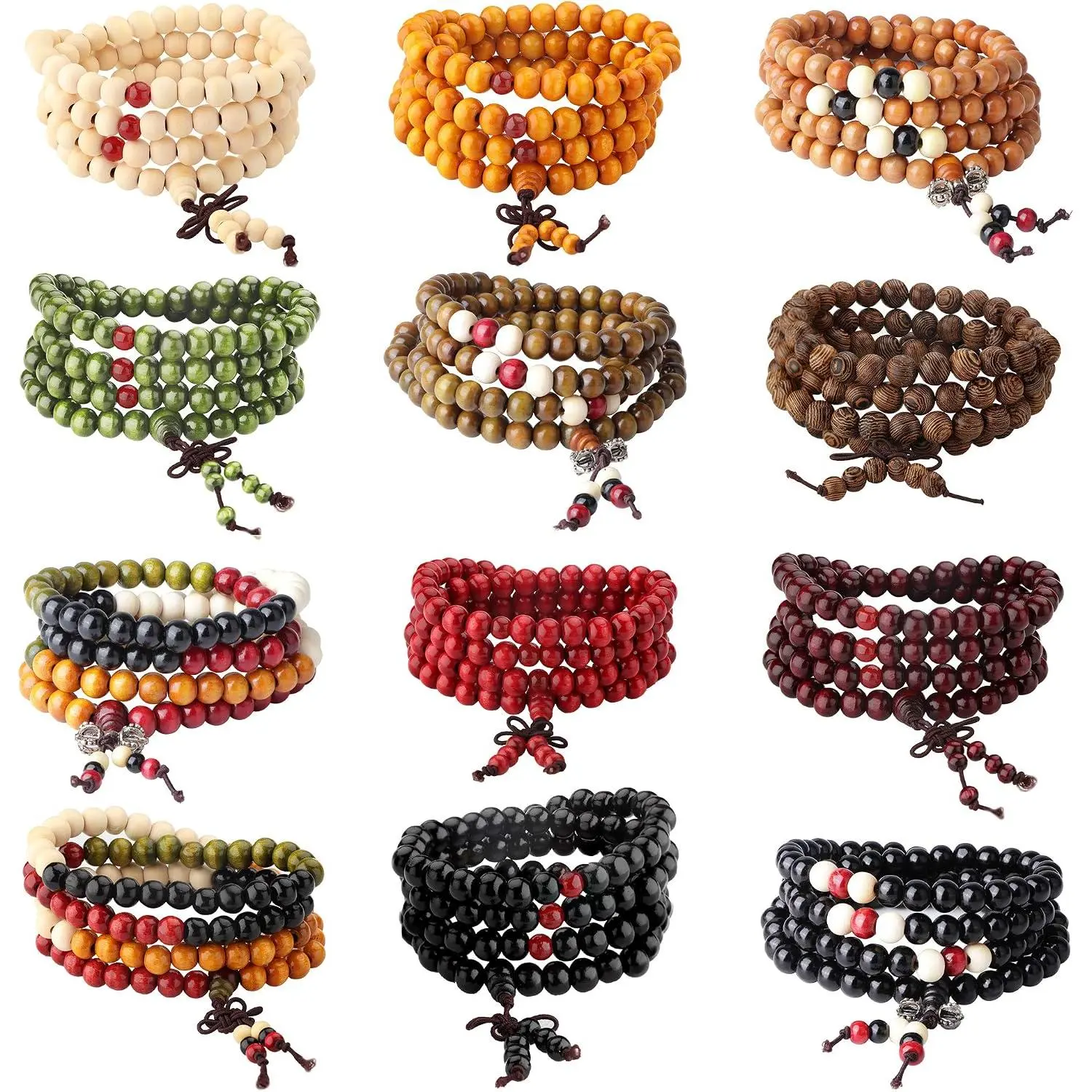 108 Mala Bead Bracelets 8MM Buddhist Prayer Sandalwood  Beaded Bracelet | Strand Necklace Elastic  Multilayer Tibetan Buddha Link Wrist Bracelets Meditation Necklace Chain 12 count