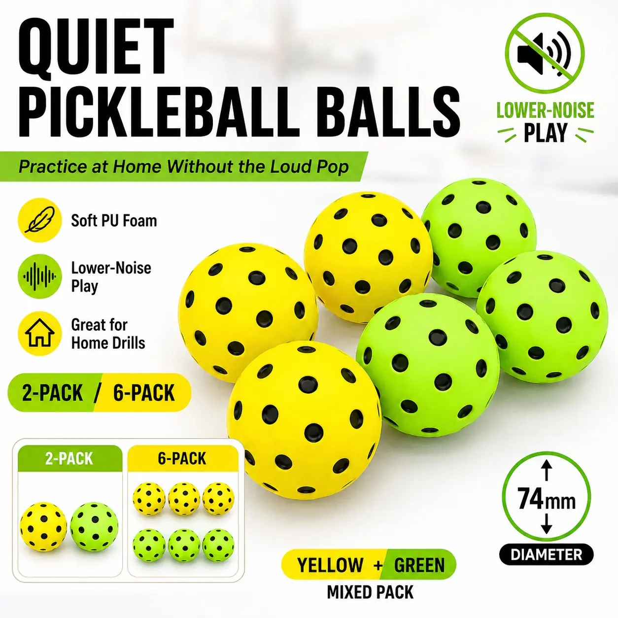 Quiet Pickleball Balls, Soft PU Foam Practice Balls, 74mm Diameter Lower-Noise Indoor Outdoor Training Balls for Home Wall Drills, Backyard Practice, Adults Beginners, Yellow Green Mixed Pack, 2-Pack or 6-Pack