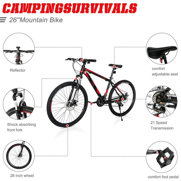 CamPingSurvivals 26 Inch 21 Speed Explorer Red Black Mountain Bike