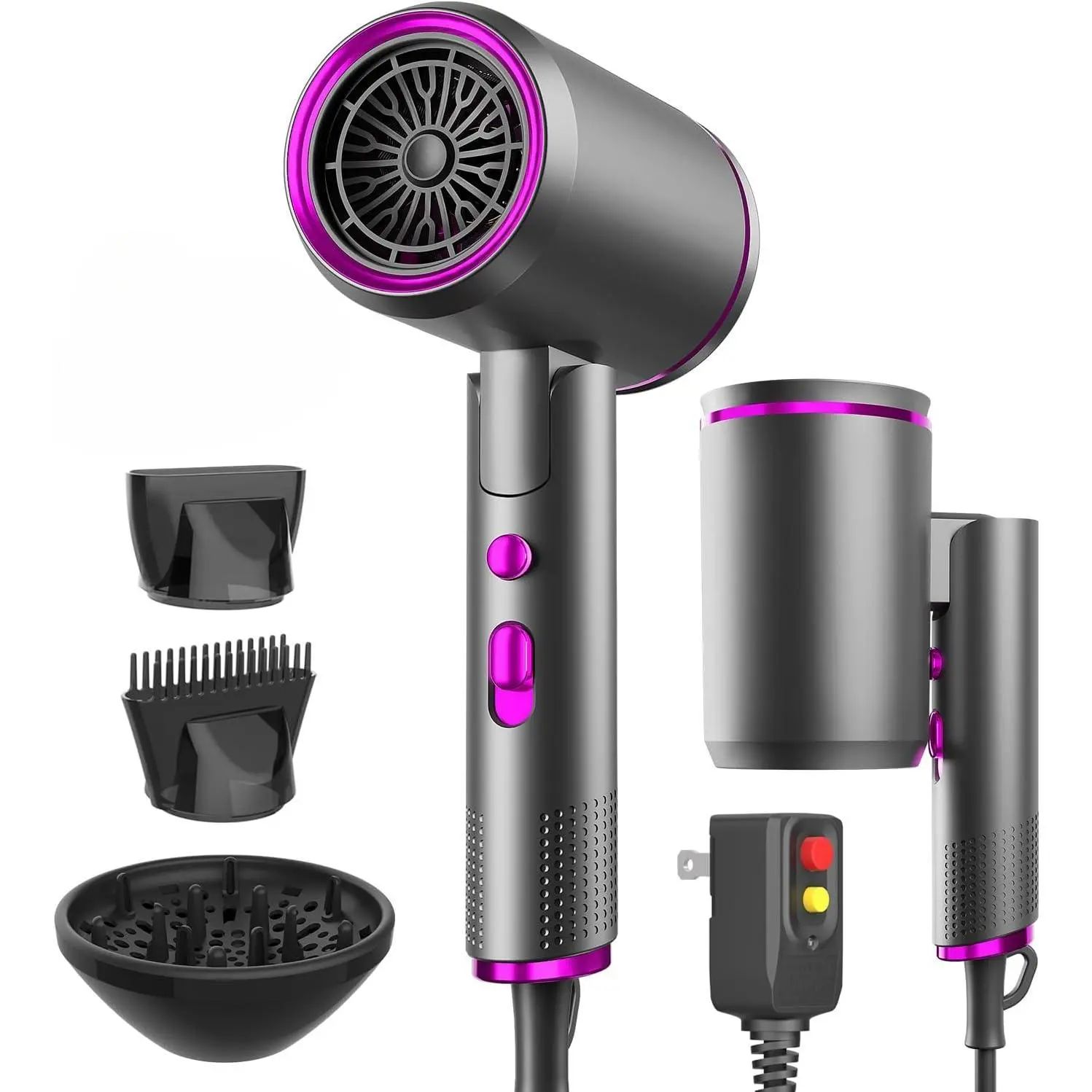 Foldable Portable Ionic Hair Dryer 1600W - Compact Mini Blow Dryer with Diffuser, Concentrator & Comb Nozzle, Intelligent Temperature Control, Low Noise for Home, Salon & Travel (Grey)