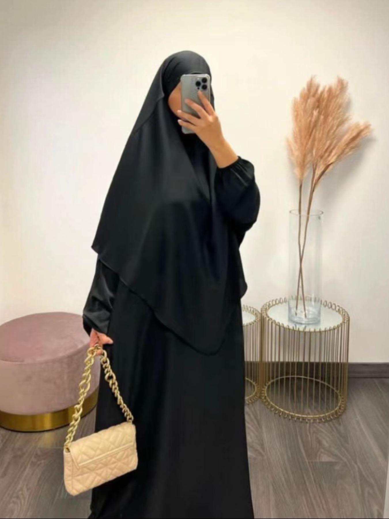 Women's Solid Long Sleeve Abaya & Hijab Set, Modest Fashionable Two-piece Outfits for Women, Women's Islamic Clothing for Daily Wear