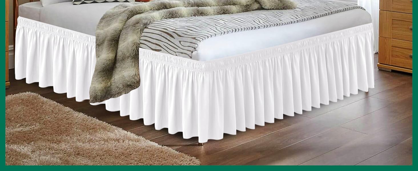 Wrap Around Bed Skirts for Queen Size Beds with 18" Long Drop, White Elastic Dust Ruffles Wrinkle & Fade Resistant Luxurious Machine Washable