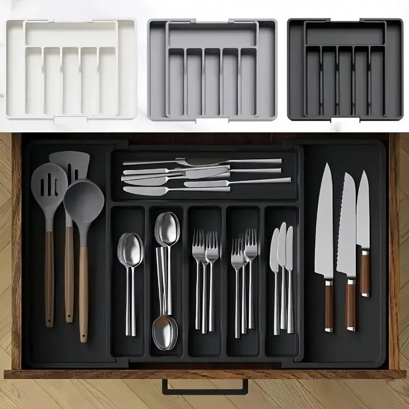 Extra Large Expandable Silverware Organizer, BPA-Free Food-Safe Cutlery Flatware Organizer, Kitchen Utensil Drawer Organizer, Adjustable Silverware Holder for Spoons Forks Knives, Black