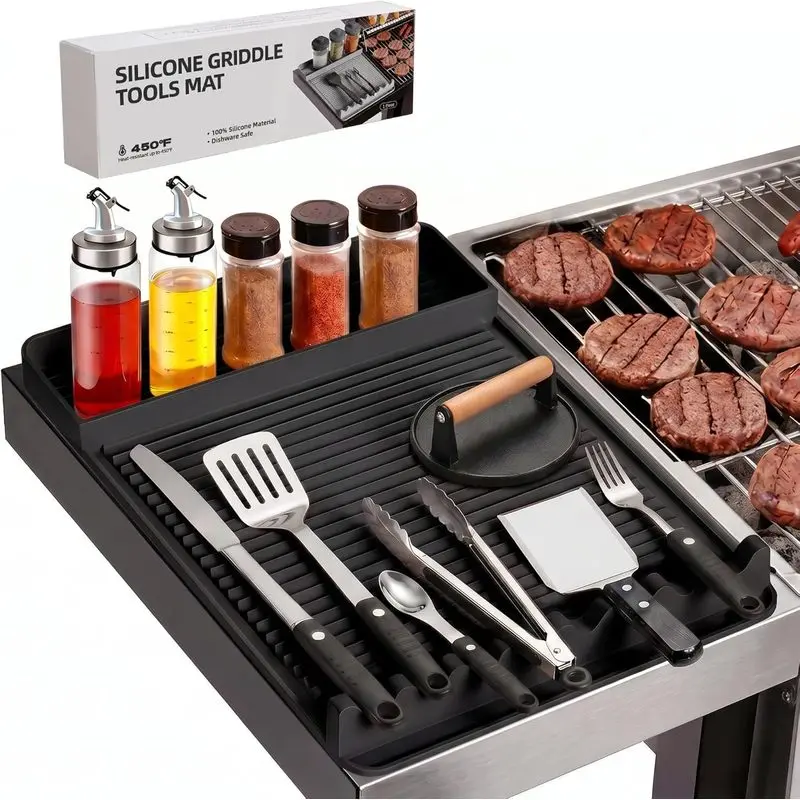 Outdoor activitiesSilicone Grill Mat for Blackstone Griddles & Outdoor Grills - Heat Resistant (450 ° F) Countertop Protector, Non-Slip Tool Organizer & Grease Catcher, 16x11.5 Inch(Black)