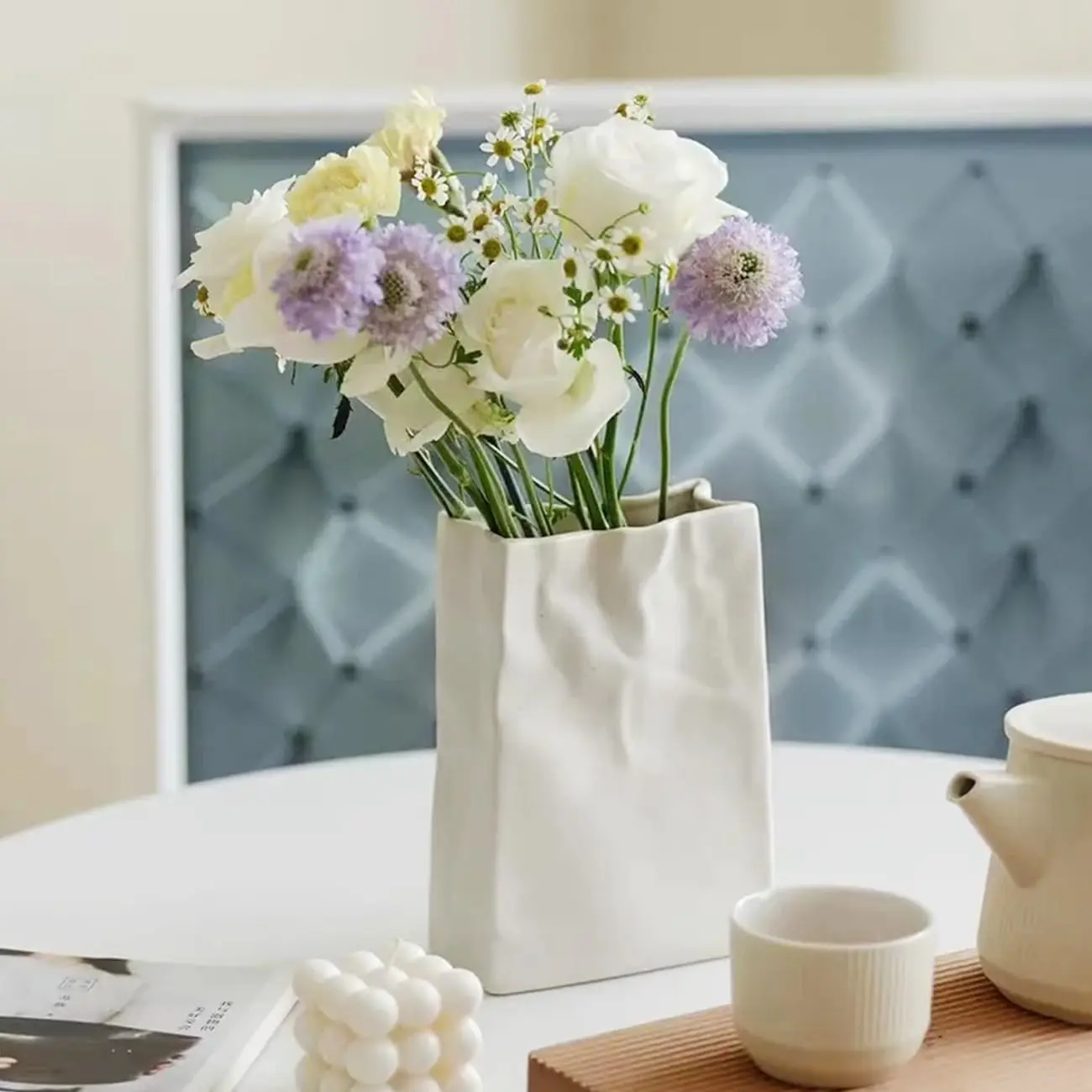 Ceramic Vase, Unique Square Wide Mouth Crinkle Paper Bag Vase, Bohemian Style, Modern Home Decor, Dining Table Centerpiece