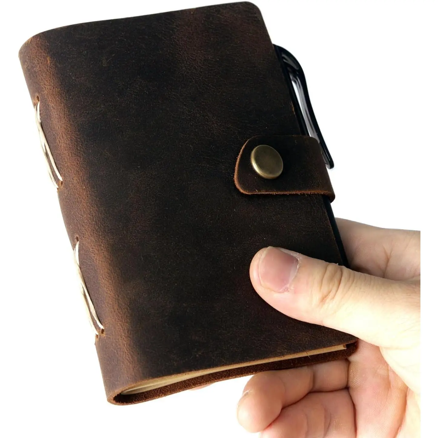 Minimalist Crazy Horse Dark Brown Pocket Notebook with Pen Loop, Refillable Blank Pages Mini Unlined Notepad for Women (Office Stationery), Small Size, Unlined Pages