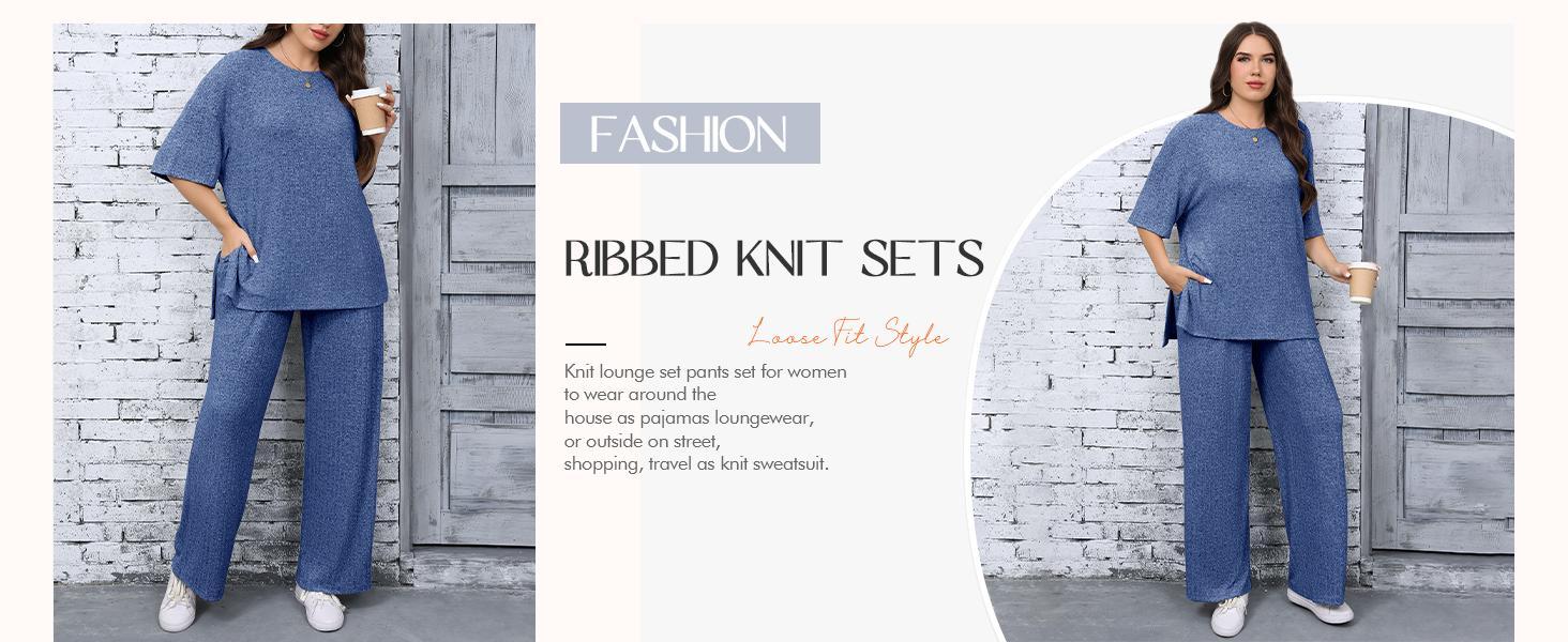 【1XL-5XL】Imily Bela Curve Womens Plus Size Lounge Sets Short Sleeve Tops and Wide Leg Pants Airport Travel 2 Piece Outfits Tracksuit