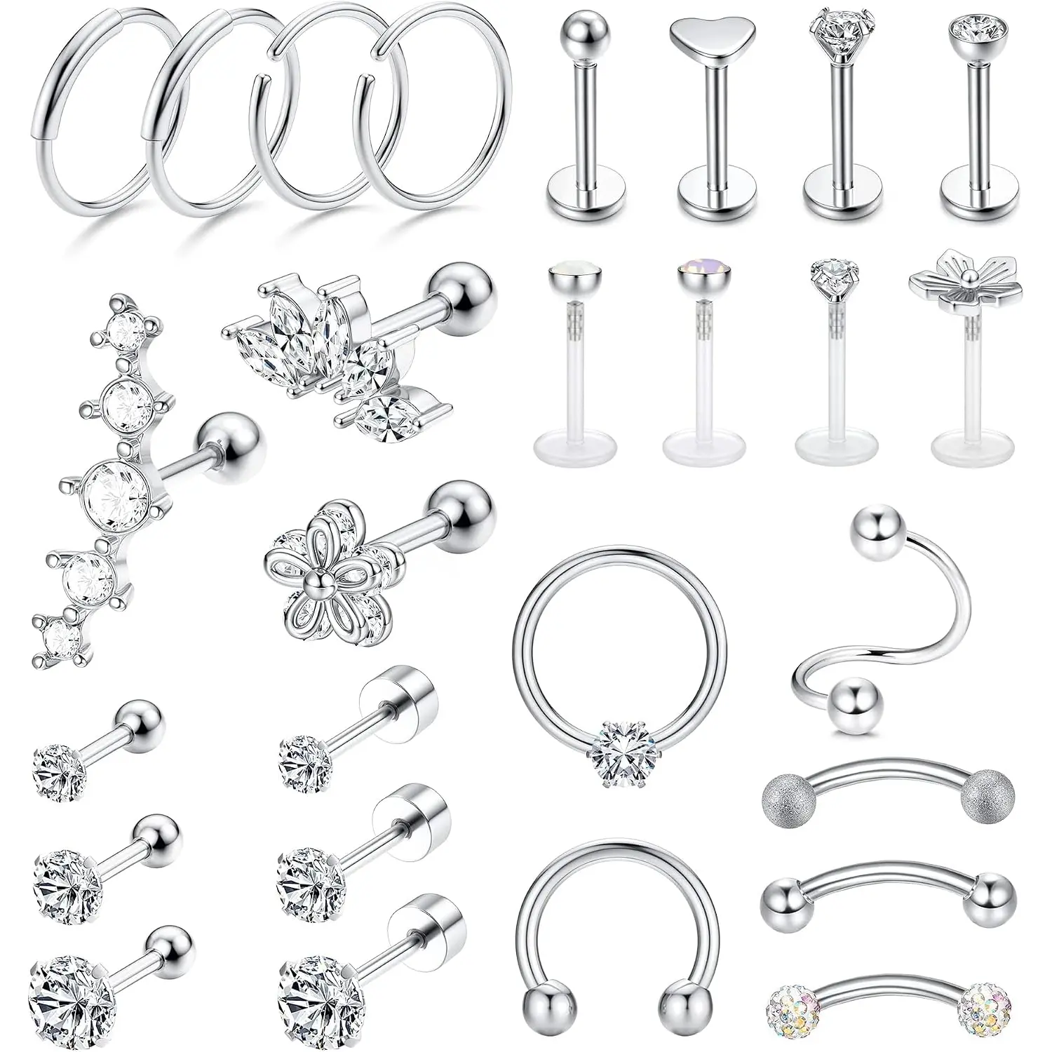 ORAZIO 27Pcs 16G Cartilage Earrings Stud Hoop for Women Men Stainless Steel Helix Piercing Tragus Earrings Forward Conch Piercing Jewelry