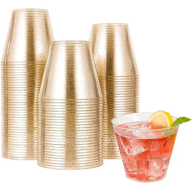 100 Pack 9 oz Gold Glitter Party & Wedding Cups |   Gold Glitter Plastic Cups; Ideal for Weddings, Parties & Holidays; for Cocktails, Wine, Juice & Soda